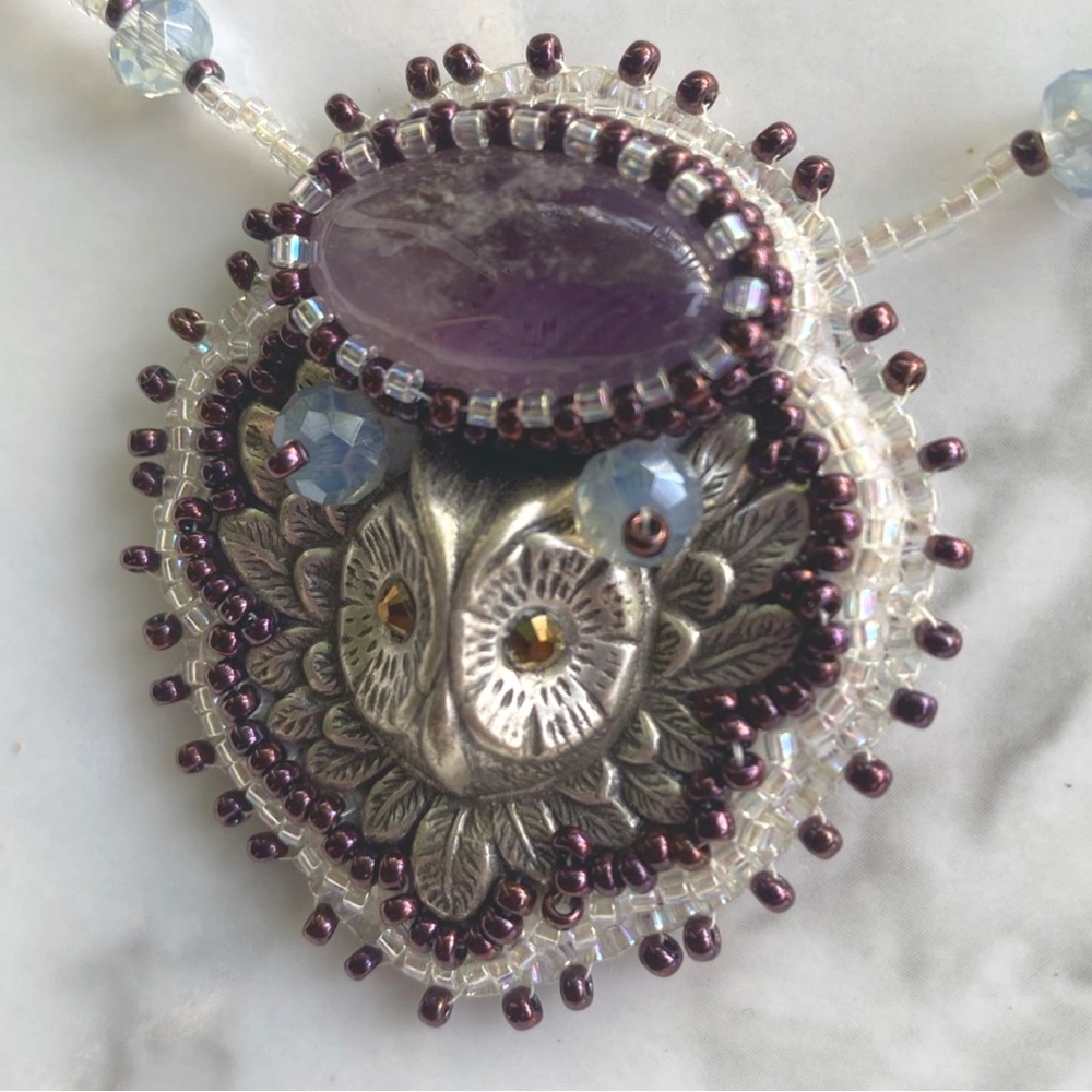 Amethyst Owl Bead Embroidered Crystal Necklace - Picture 9 of 13